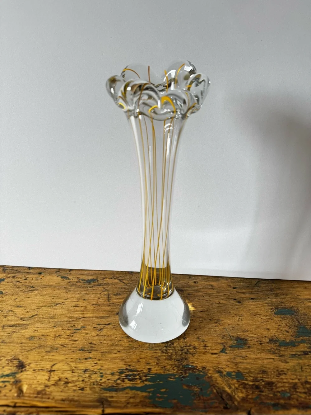 Tall Clear Glass Bud Vase with Yellow Threading - Picture 1 of 7